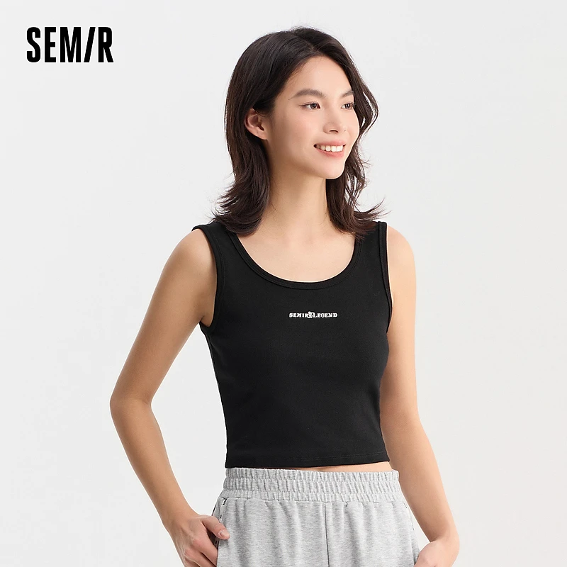 森马背心女短款紧身字母简约百搭休闲衣服夏气质大圆领上衣小个子