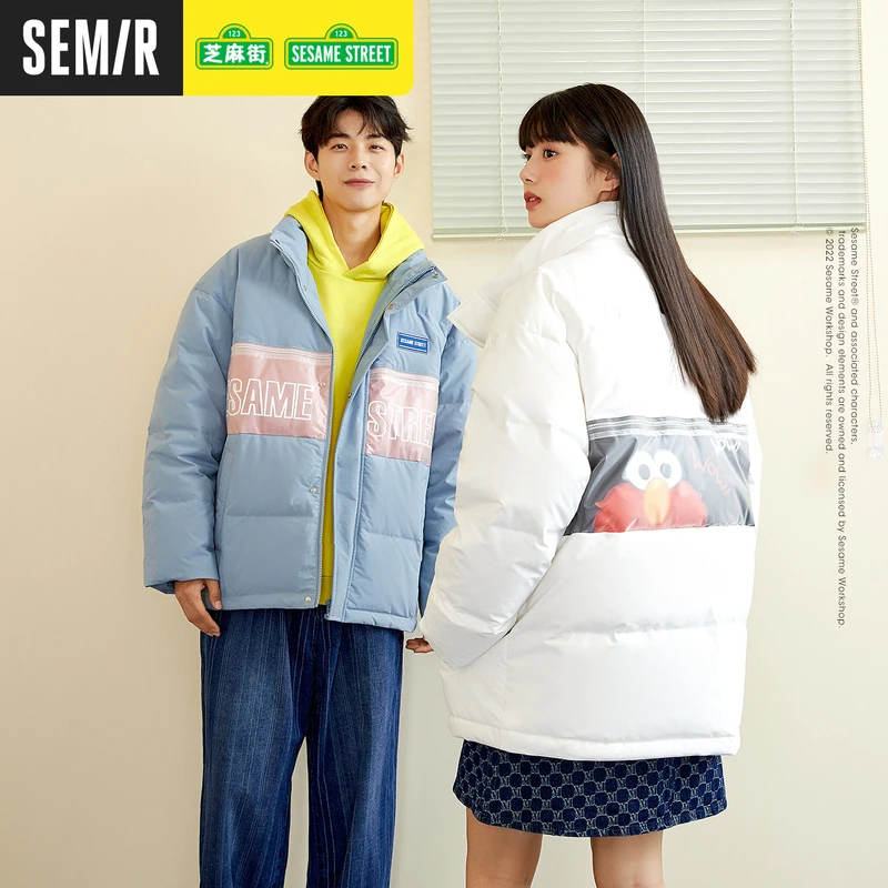 B森马x芝麻街男羽绒服oversize趣味卡通保暖外套冬季情侣宽松百搭