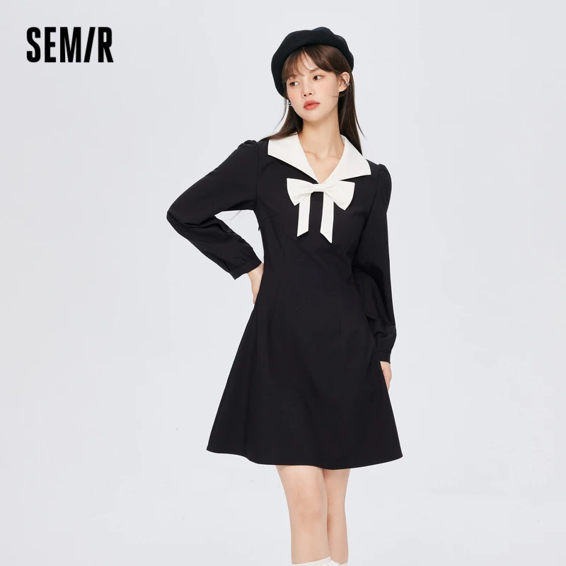 森马女连衣裙泡泡袖蝴蝶结小黑裙甜酷黑色收腰法式学院风裙子长袖