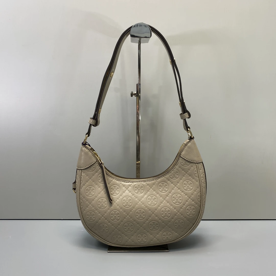 99新 TORY BURCH/汤丽柏琦 灰色压纹月牙腋下包25*13*7cmD092610