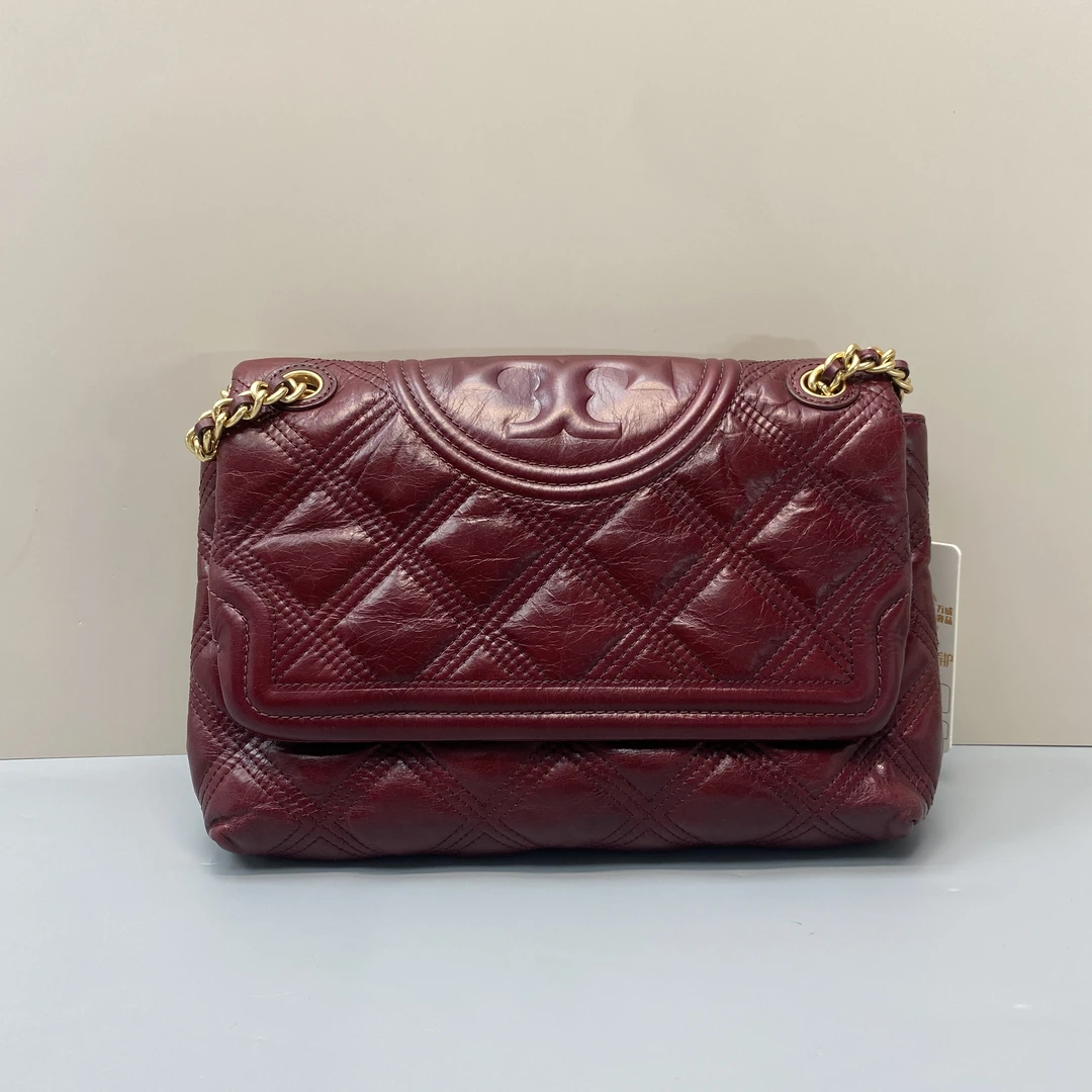 95新 TORY BURCH/汤丽柏琦 fleming酒红色油蜡链条斜挎包 27*20*9