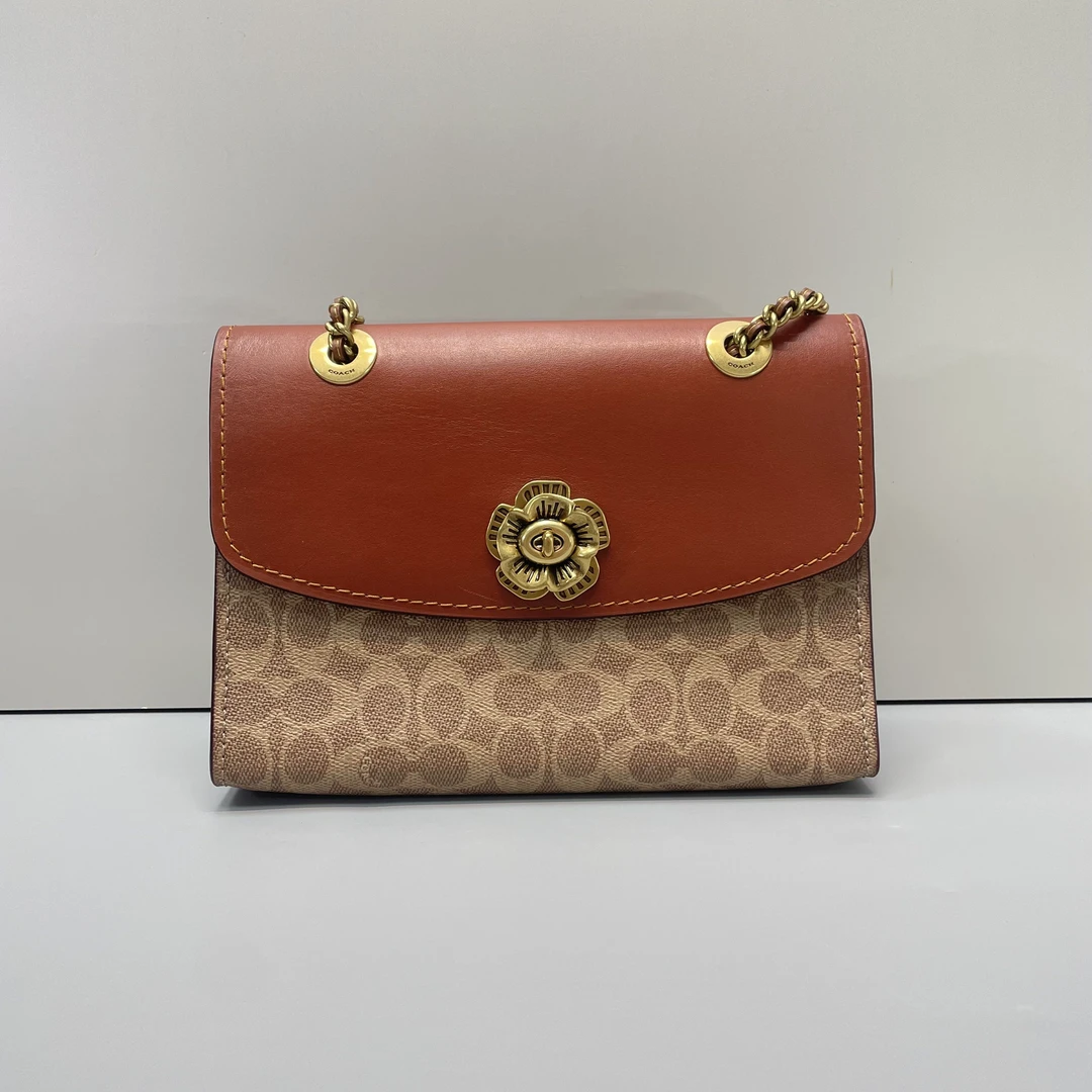 95新 COACH/蔻驰 Parker26红棕老花山茶链条包26x18x10cmD101517