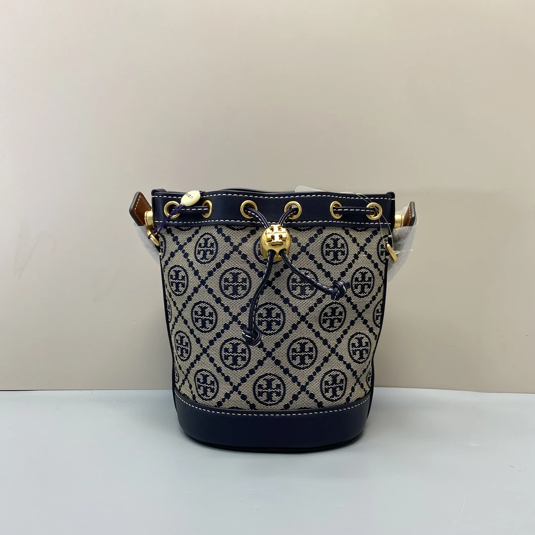 99新 TORY BURCH/汤丽柏琦 蓝色老花迷你斜挎水桶包 14*18*10cm