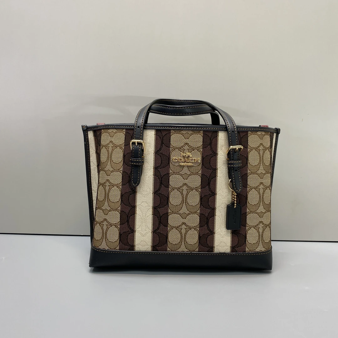 95新 COACH/蔻驰 mollie棕色帆布菜篮子包25*20*11cm D091501