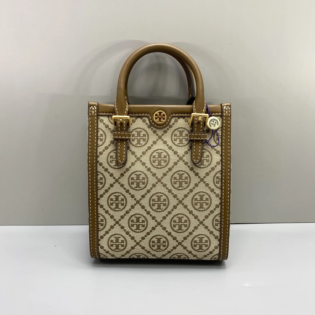 95新 Tory Burch/汤丽柏琦 棕色老花琴谱手提斜挎包 16*19*cm