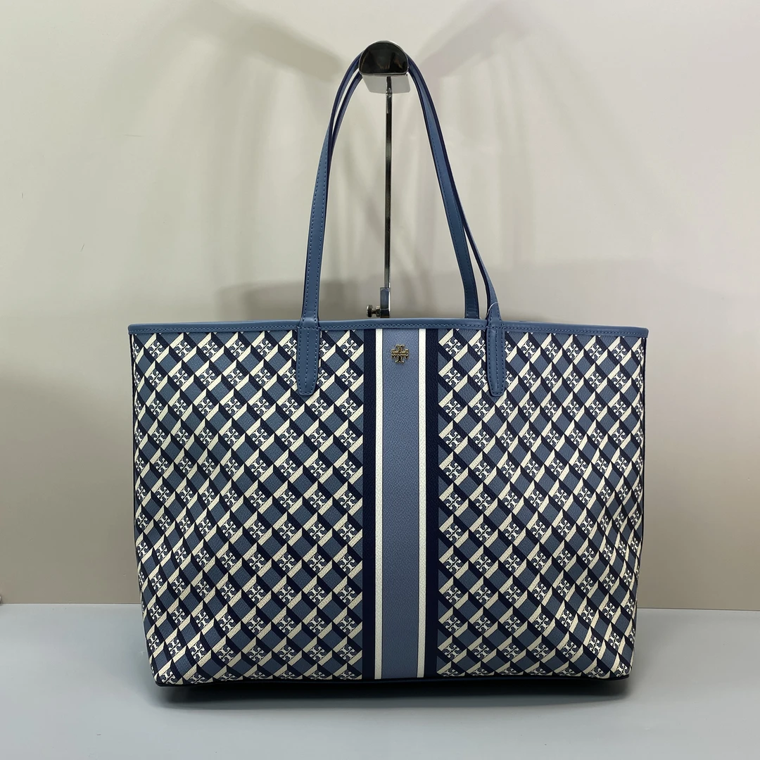 99新 Tory Burch/汤丽柏琦 蓝色满印单肩托特包 38*29*14cm