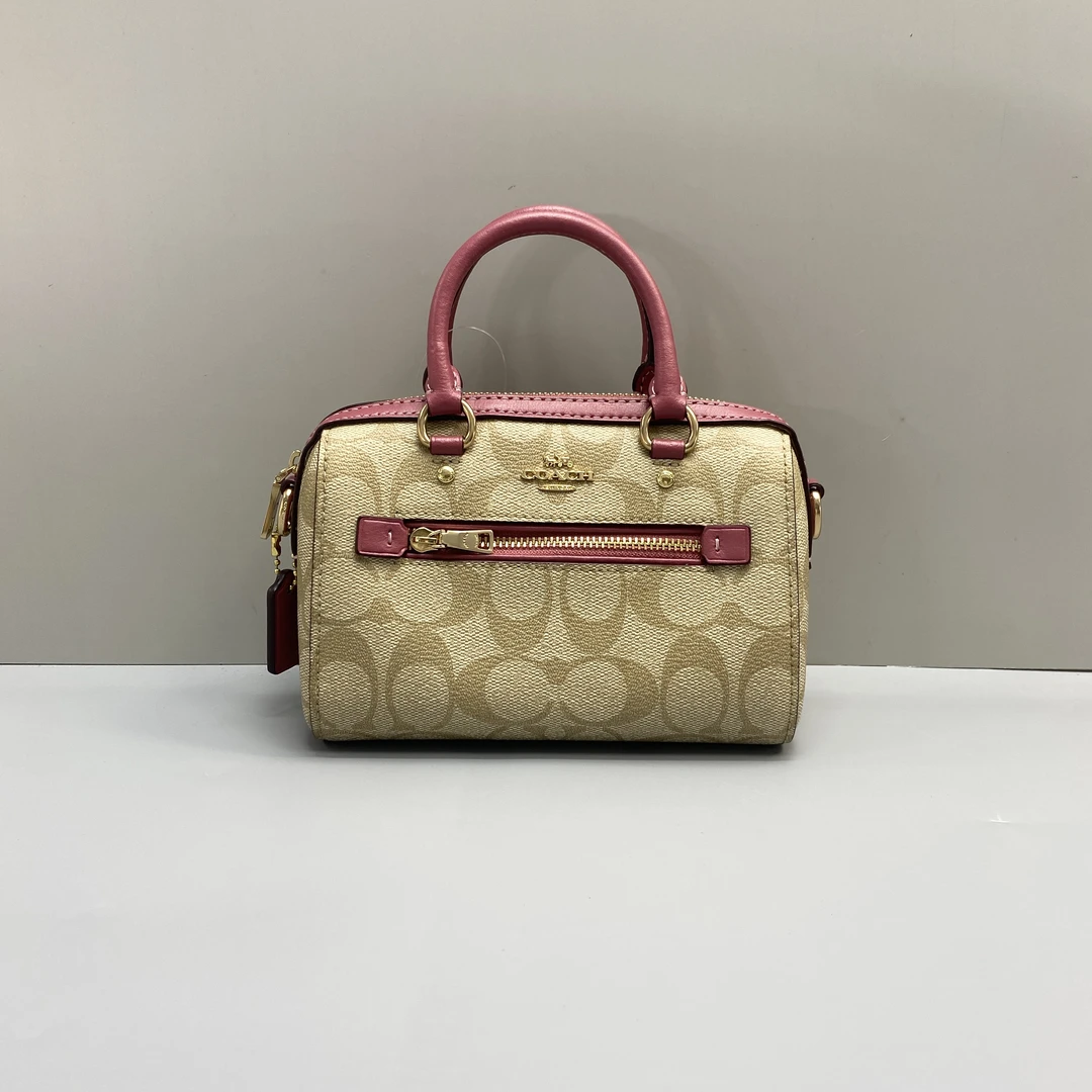 95新 COACH/蔻驰 粉拼老花迷你波士顿 17*12*9cmD071706