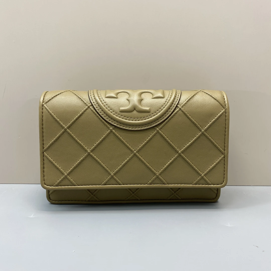 95新 Tory Burch/汤丽柏琦 fleming砾石棕菱形链条包 18*13*4cm