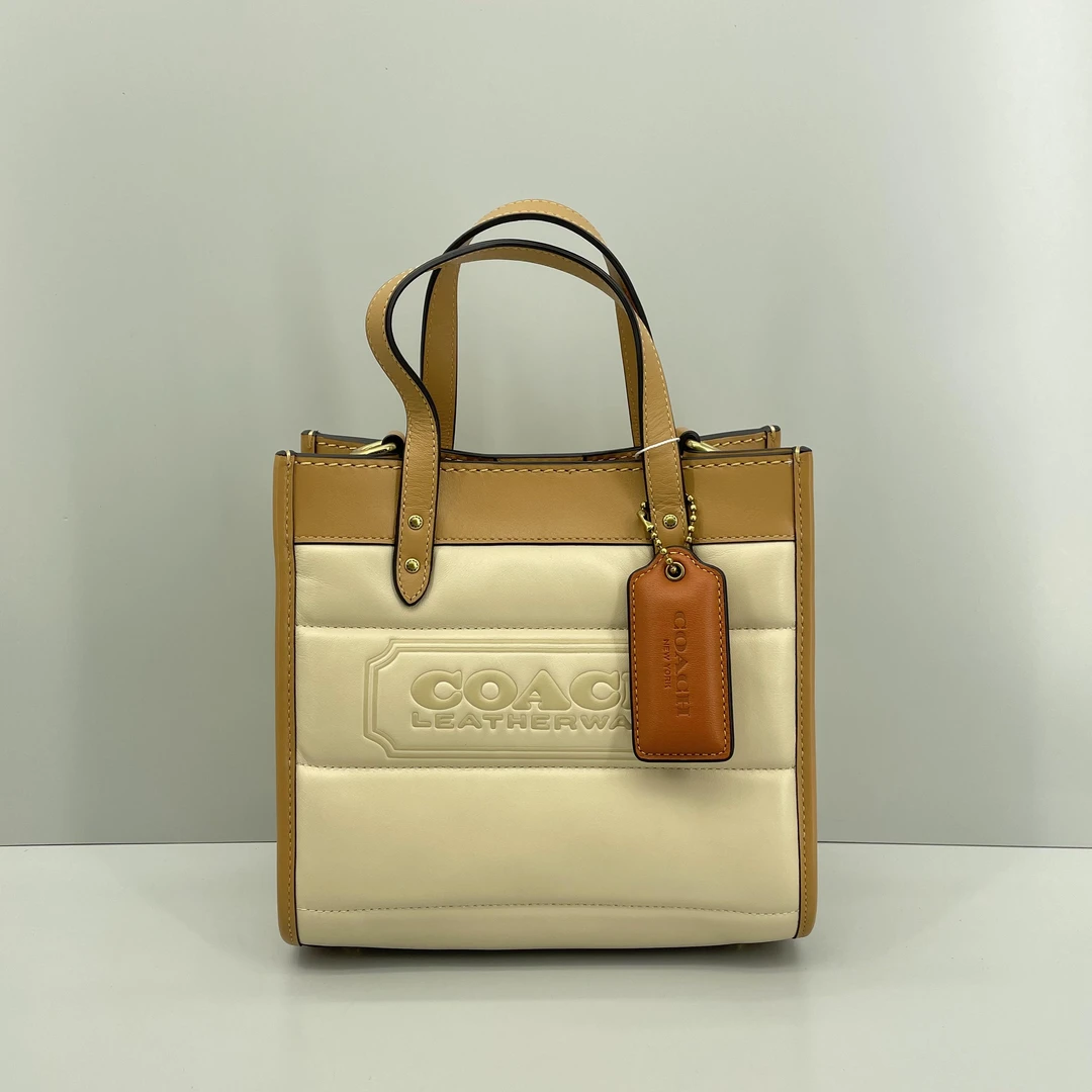 95新 COACH/蔻驰 米色拼棕小方托 22*20*10cmD101407