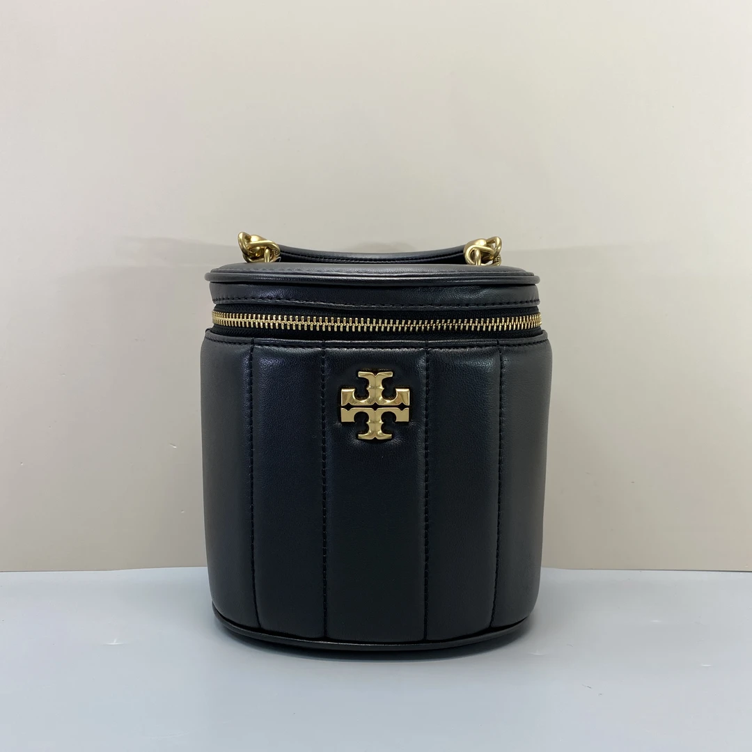 95新 TORY BURCH/汤丽柏琦 kira黑色发财桶手提斜挎包 16*17*10cm