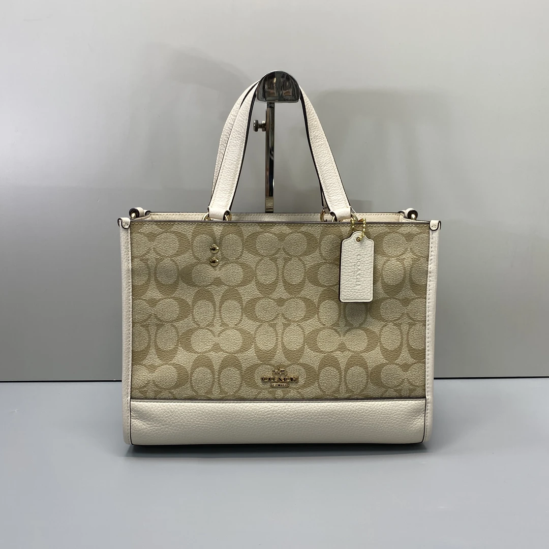 95新 COACH/蔻驰 dempsey30白拼老花横版托特 30*21*12cmD100419
