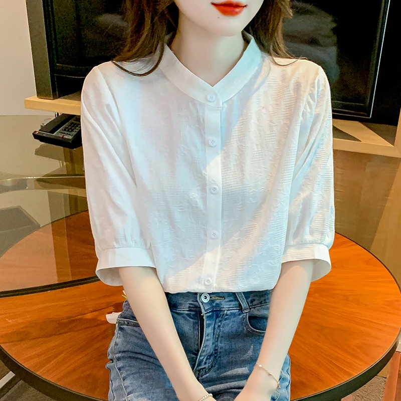 立领白色衬衫女五分袖夏季2024新款薄款气质上衣短袖显瘦洋气小衫