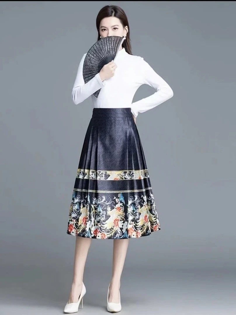 印花半身裙A字中长裙夏2024女装半身裙中国风高腰短款马面裙