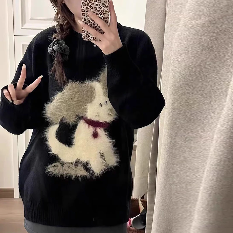 慵懒风黑色小狗提花毛衣女秋冬新款休闲宽松套头打底针织衫上衣潮