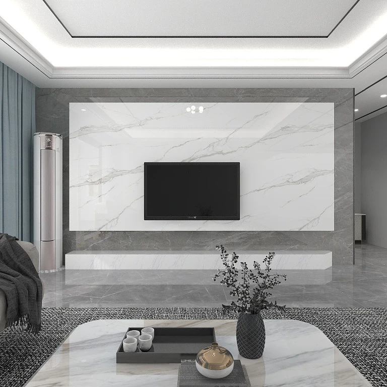 2024新款悬空岩板电视背景墙客厅木格栅影视墙大理石轻奢现代简约