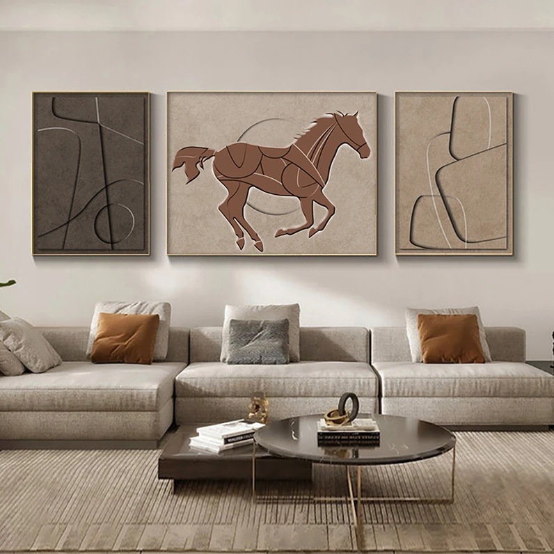 现代轻奢马到功成沙发背景墙壁画客厅装饰画大气简约三联组合挂画