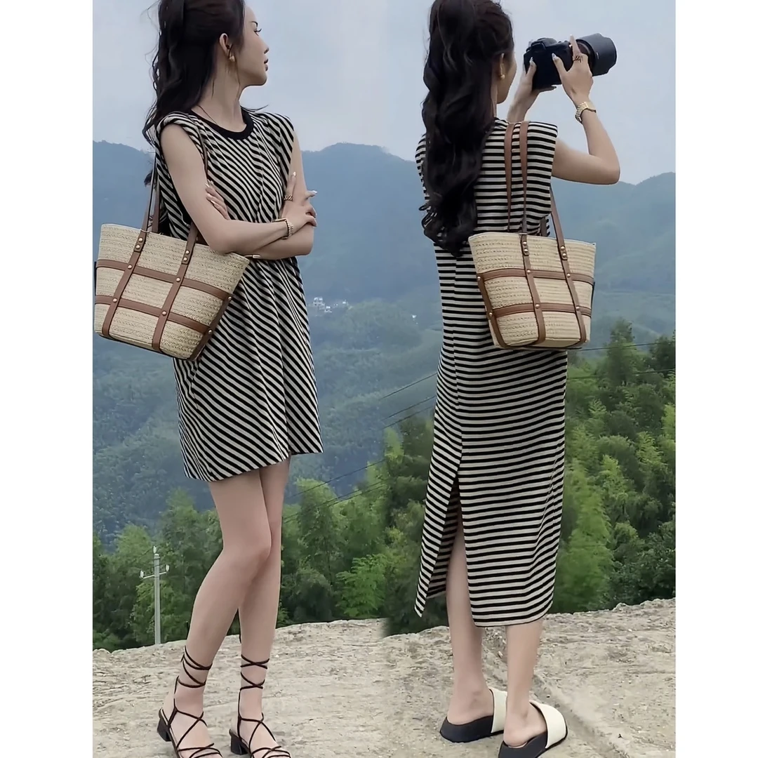 韩系时尚宽松百搭气质撞色复古条纹无袖T恤连衣裙显瘦高腰减龄