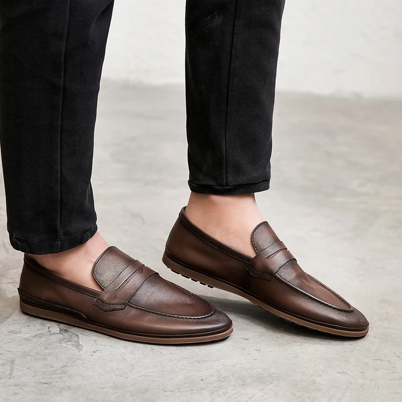 英伦复古手工头层牛皮低帮透气休闲一脚蹬懒人潮真皮底乐福皮鞋