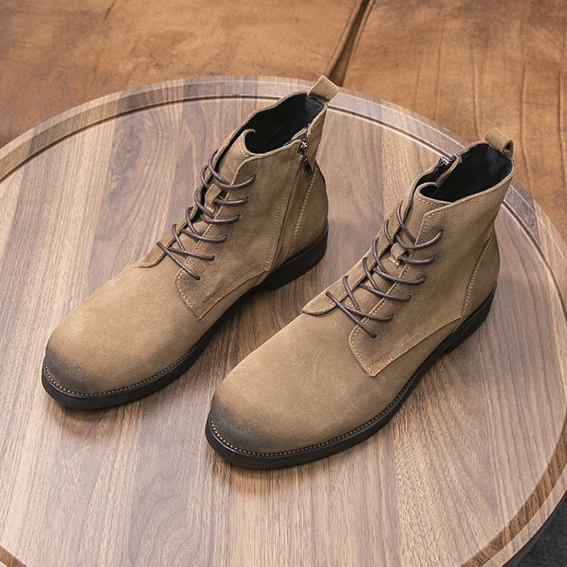 秋冬日系磨砂牛皮马丁男英伦复古反绒拉链厚底切尔西皮鞋冬季靴子
