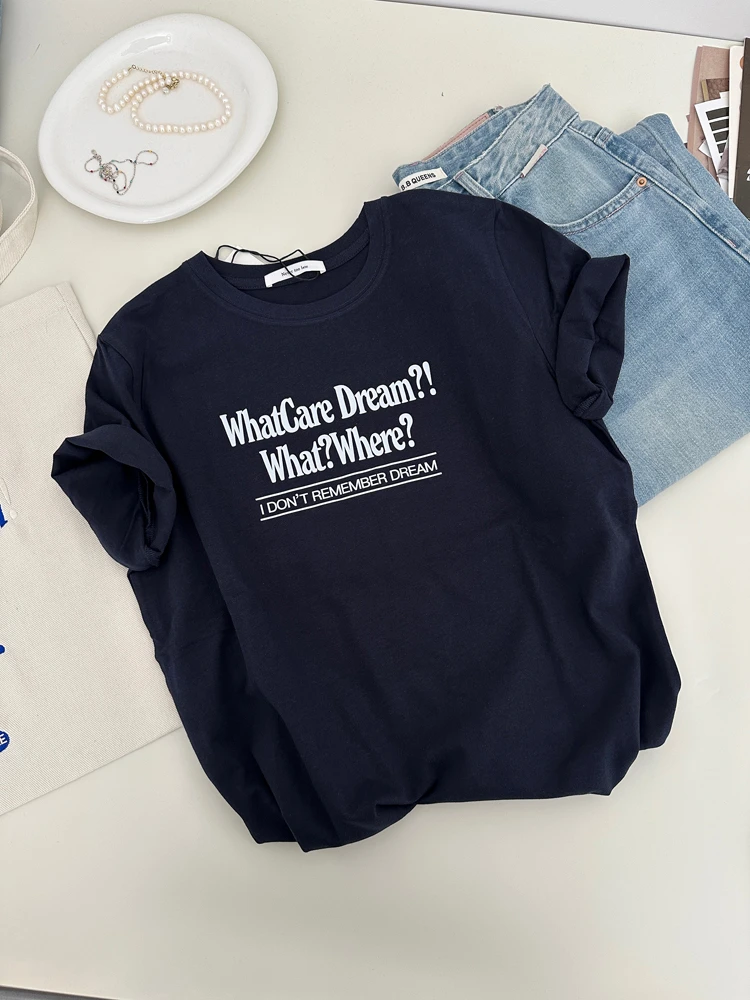 韩系博主同款夏季简约字母what印花宽松减龄休闲短袖正肩T恤女
