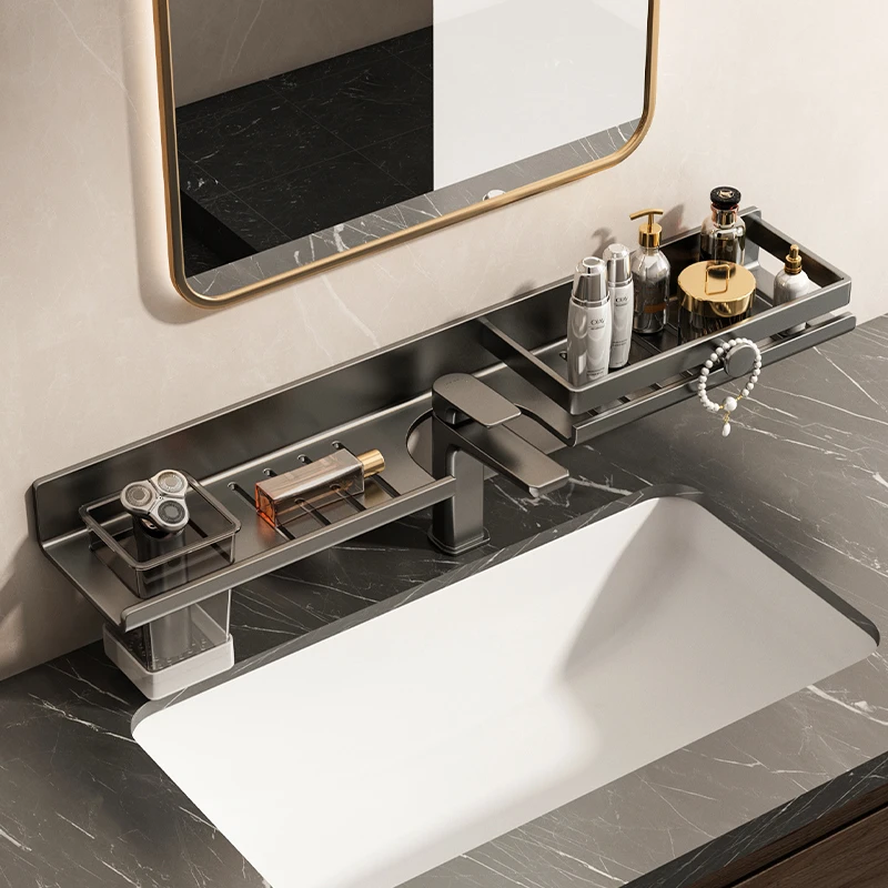 卫生间带杯置物架免打孔浴室洗漱台水龙头壁挂墙上多功能收纳架子