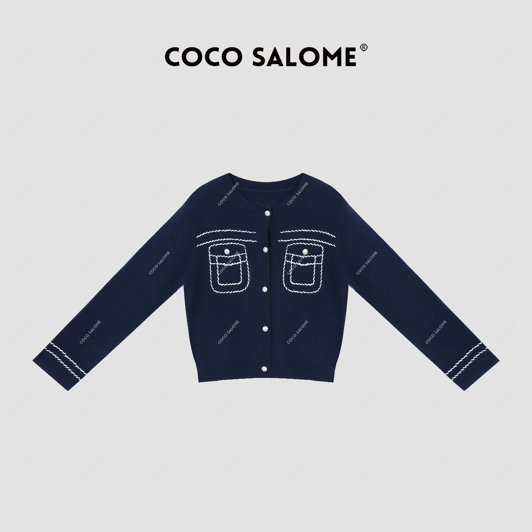 COCOSALOME⑥【学院蓝】明线简约短款针织开衫上衣女秋冬076-1