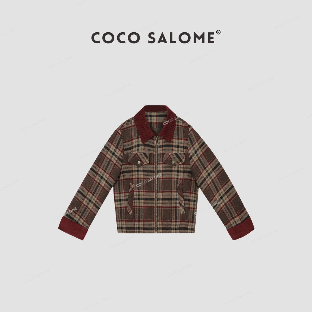 COCOSALOME⑥【甜格】灯芯绒冬季翻领格子轻奢洋气衣服女外套0177