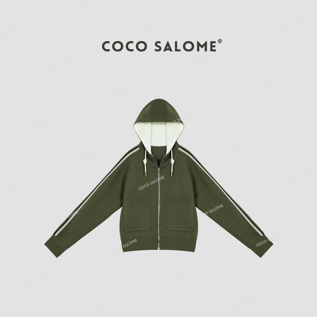 COCO SALOME⑥【绿松香】冬季加厚重磅拼接韩系条纹休闲连帽外套0398