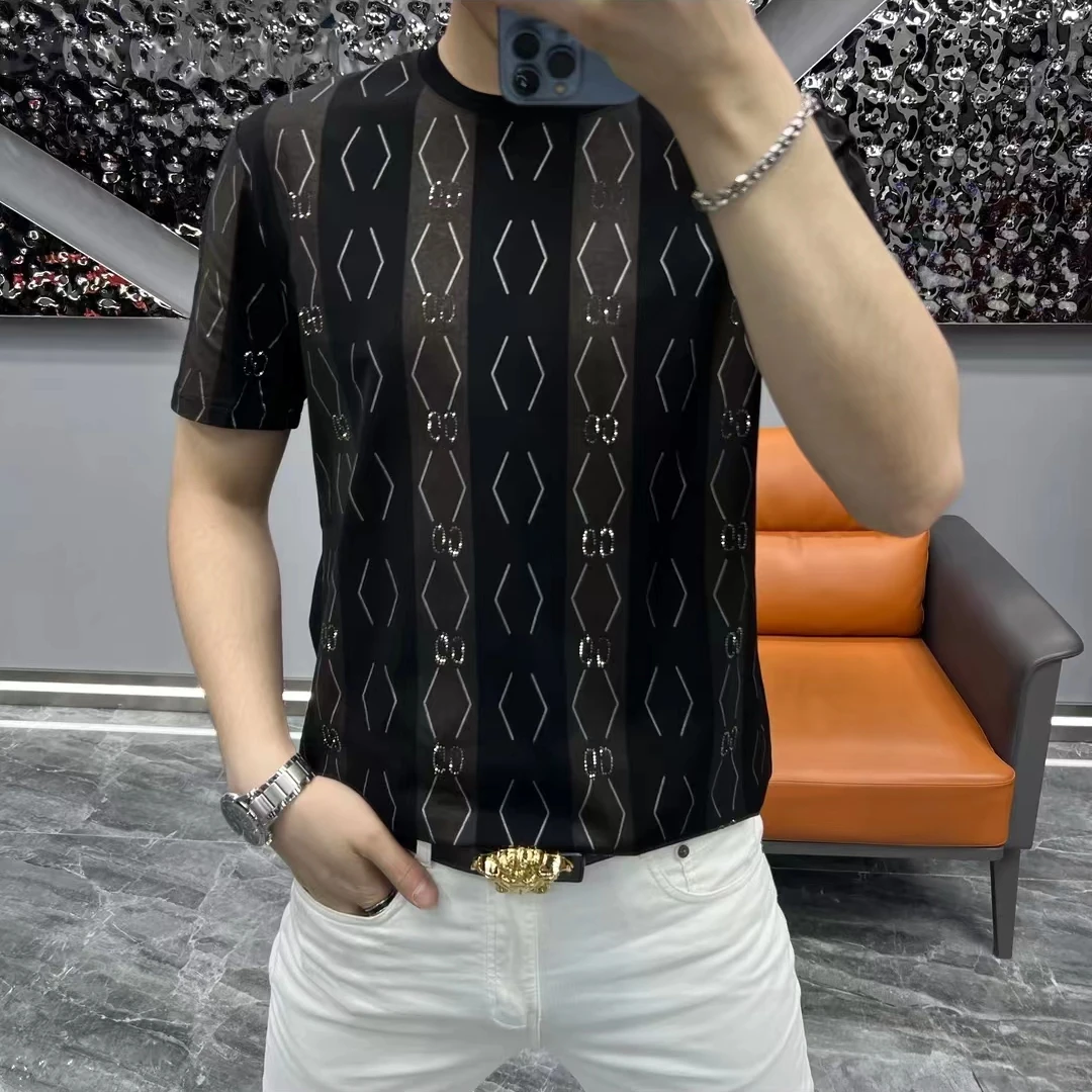 6082夏季男士圆领短袖t欧货商务半袖绅士气质青年印花烫钻条纹T恤