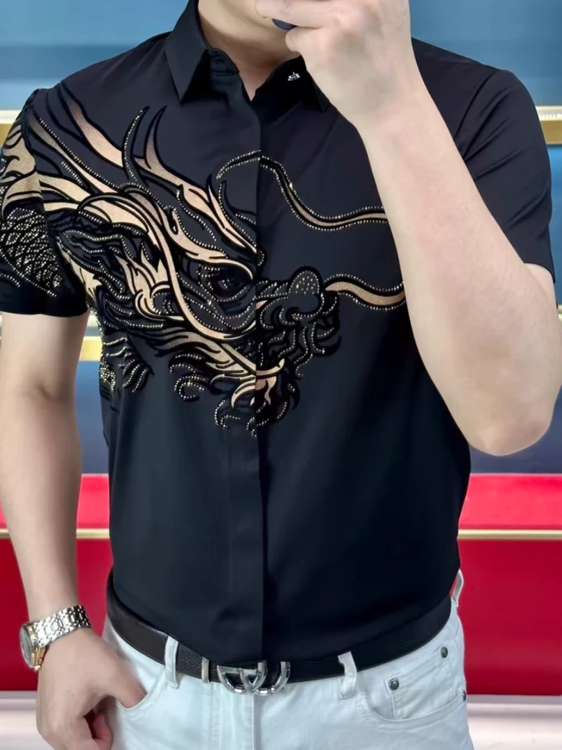 2082夏季新品男士烫钻衬衫时尚修身弹力舒适高级感百搭轻奢衬衣