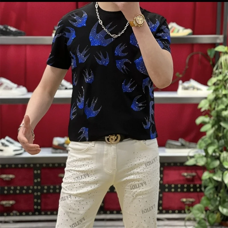 23063欧货夏季新款潮牌时尚个性烫钻圆领短袖男士修身百搭t恤半袖