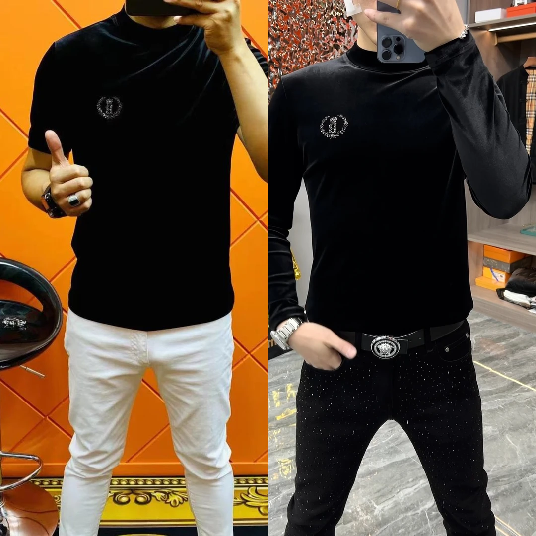 秋季男士欧货圆领金丝绒短袖T恤衫商务休闲男式简约短袖小衫潮流