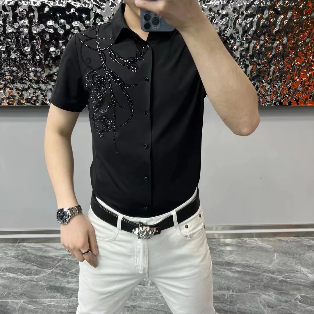 2081男士夏季黑色烫钻衬衫短袖百搭翻领商务休闲潮流百搭