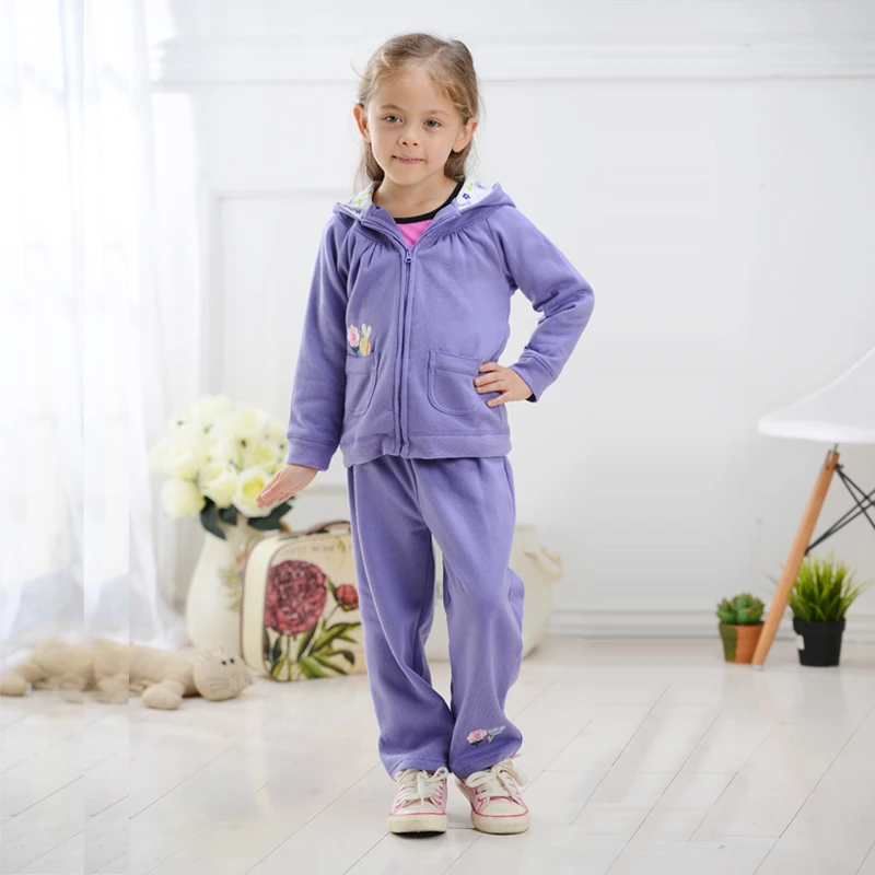 外贸原单美版女童加绒秋装长袖连帽开襟外套长裤套装刺绣小潮版