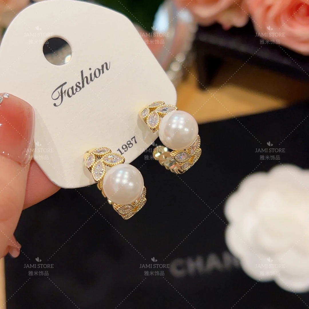 铜合金莫桑石耳饰 【雅米】镶钻树叶珠珠耳圈设计小众精致简约百搭