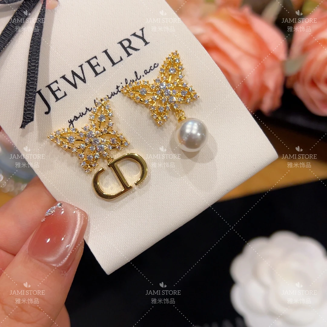 铜合金莫桑石耳饰 【雅米】满钻蝴蝶AB吊坠耳环女轻奢气质精致时尚