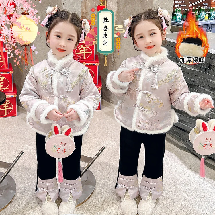 女童冬季拜年服新款儿童冬装过年服小童冬季龙年衣服唐装宝宝套装