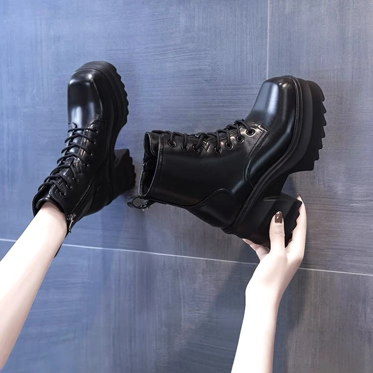 增高7cm马丁靴女2024年秋冬季新款切尔西厚底短靴加绒松糕底