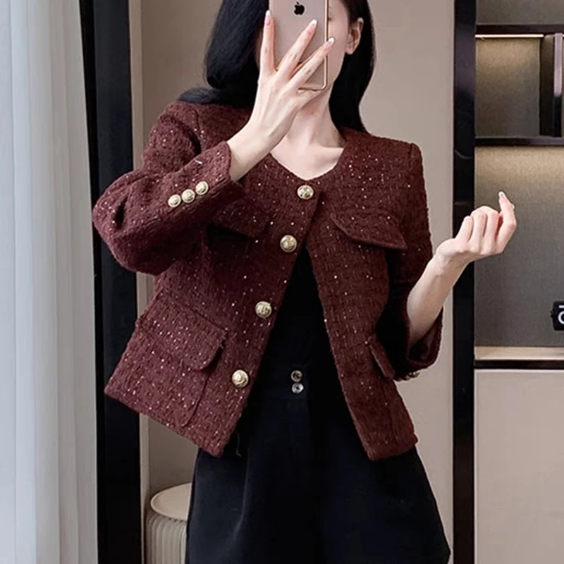 2024秋季新款名媛小香风亮片圆领短外套洋气时髦6688