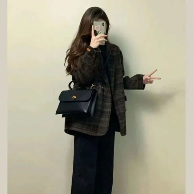 复古小香风格子西装呢子外套2024秋冬新款韩系加厚显瘦百搭毛呢