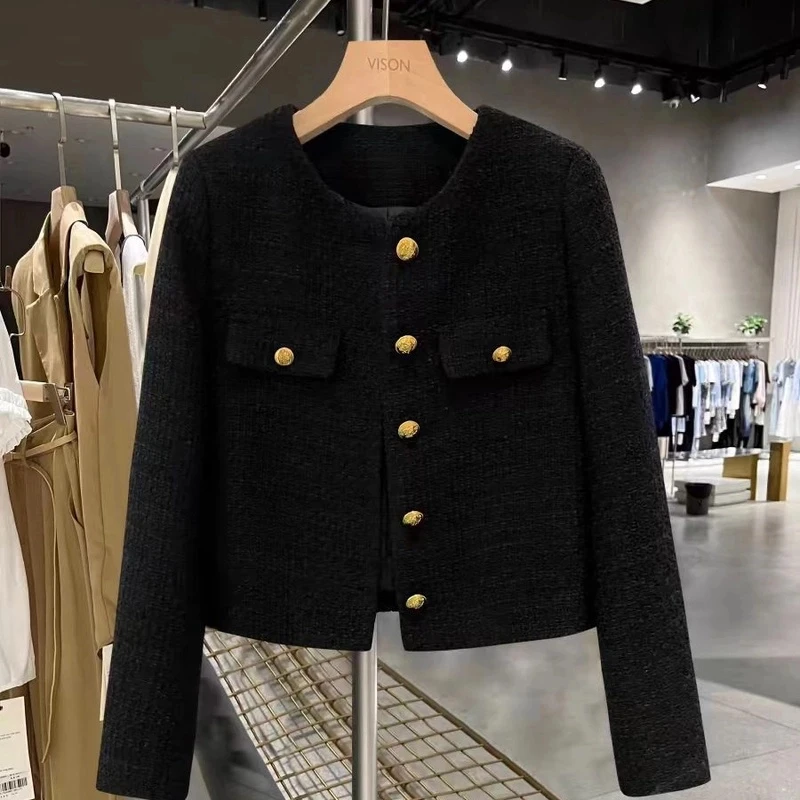 黑色小香风外套女2024早秋新款金属扣设计经典气质显瘦宽松上衣潮
