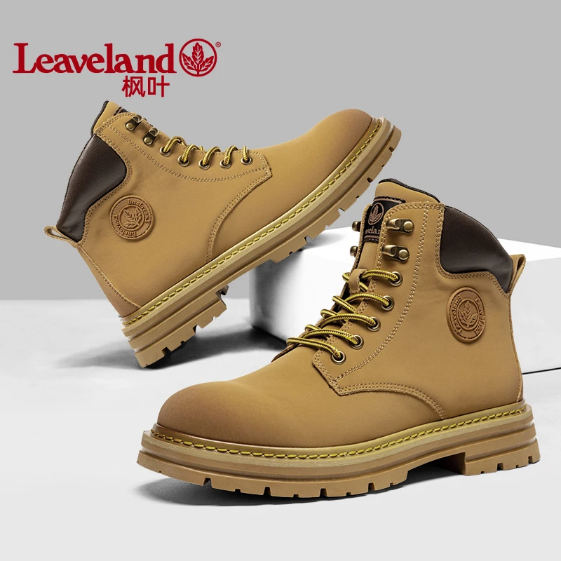 Leaveland/枫叶冬季新款男女鞋加绒保暖马丁靴英伦风情侣大黄靴