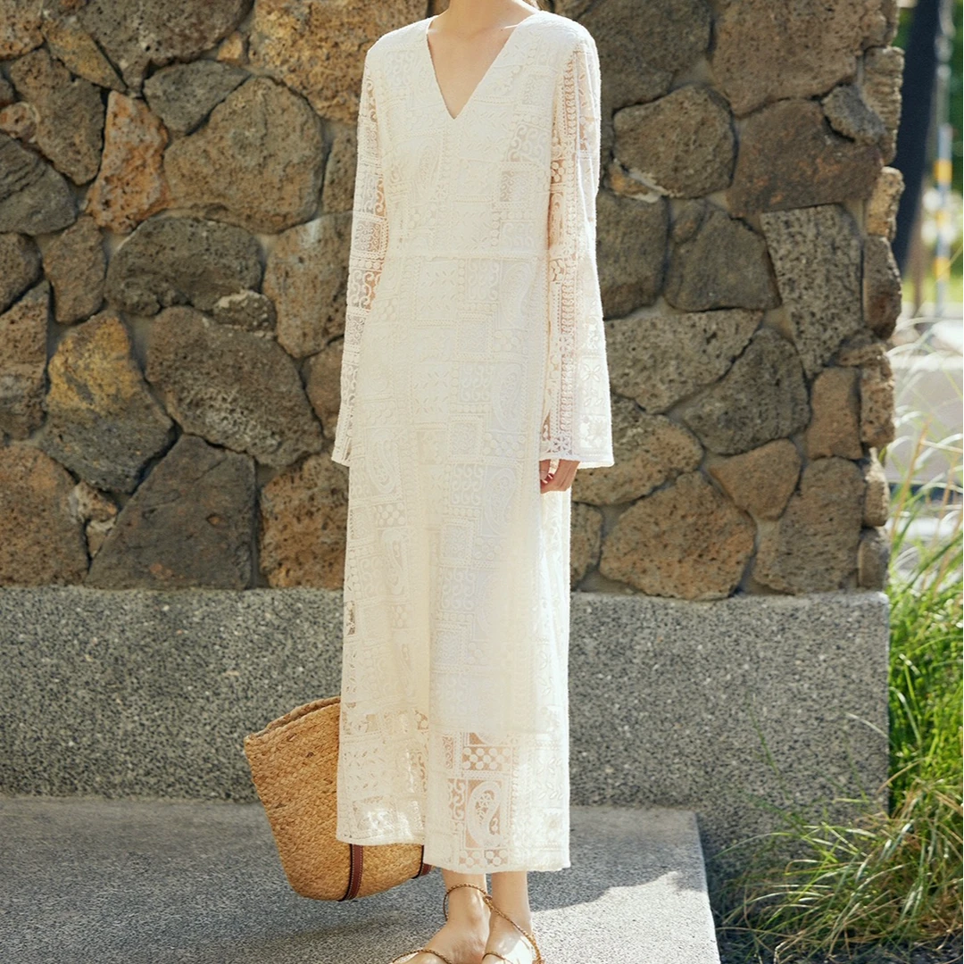 云朵定制 波西米亚风蕾丝V领连衣裙女长裙淑女裙子GX64