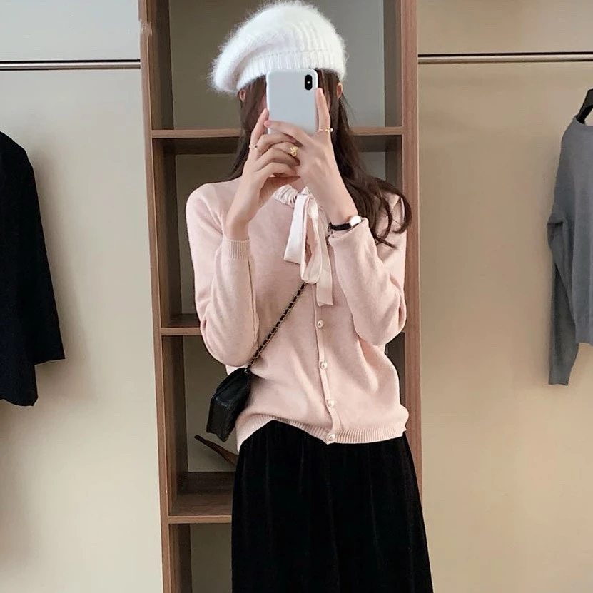 云朵定制 慵懒温柔风蝴蝶结拼接毛衣甜美减龄百搭女GK20