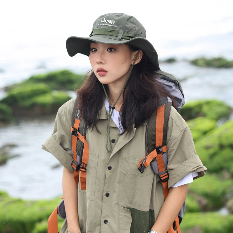 JEEP/吉普防晒渔夫帽女夏季防紫外线徒步登山帽大檐遮阳帽男美式