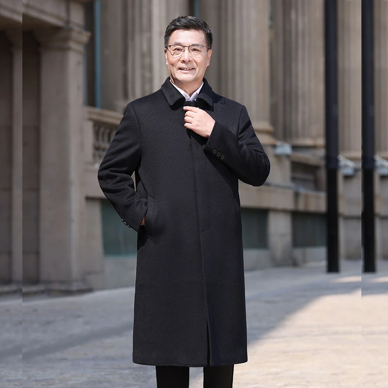 中老年人羊毛呢大衣男士呢子风衣长款过膝加厚黑色冬季外套爸爸装
