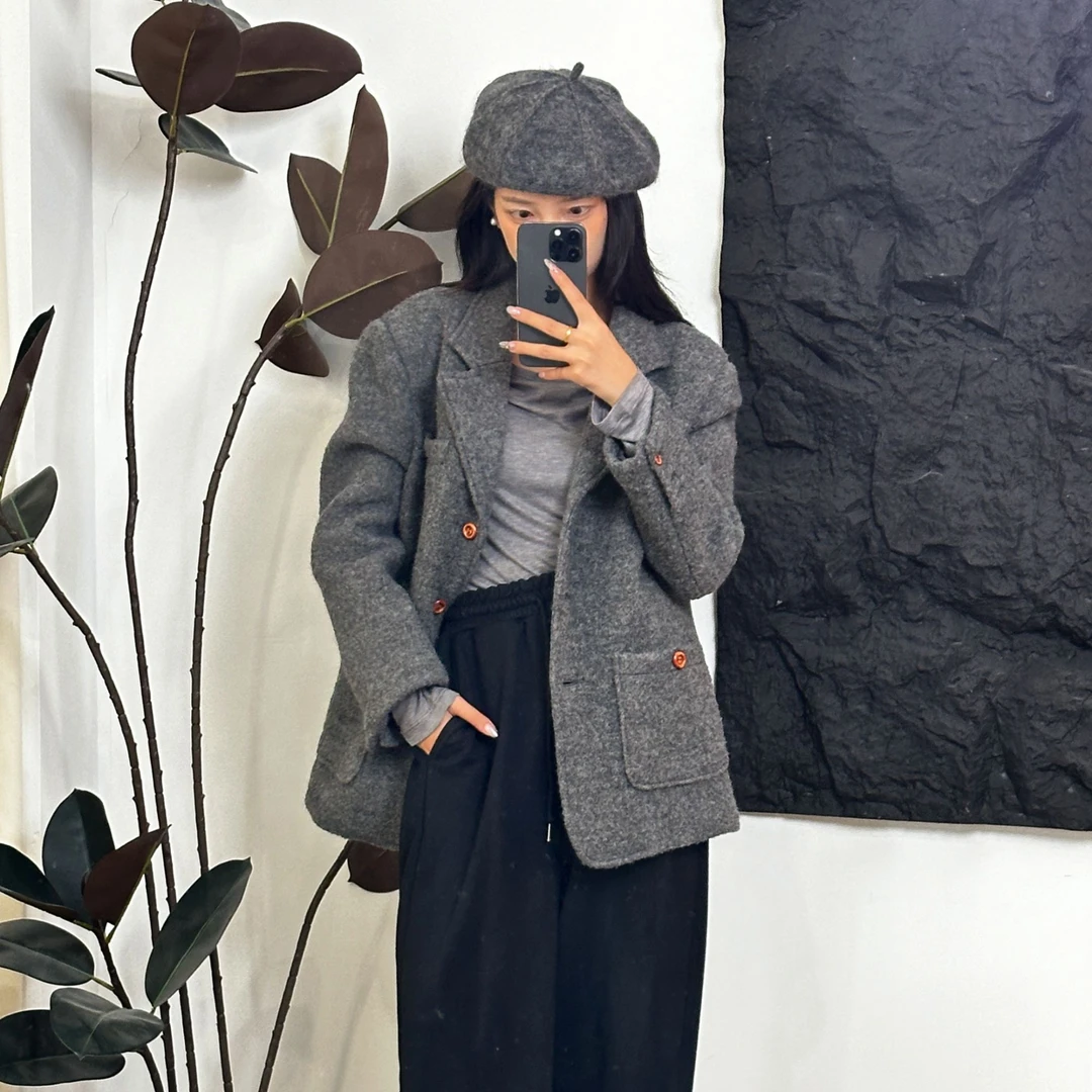 【RUMIRU】韩国东大门毛呢西装外套女秋冬高级感复古羊毛大衣小个子