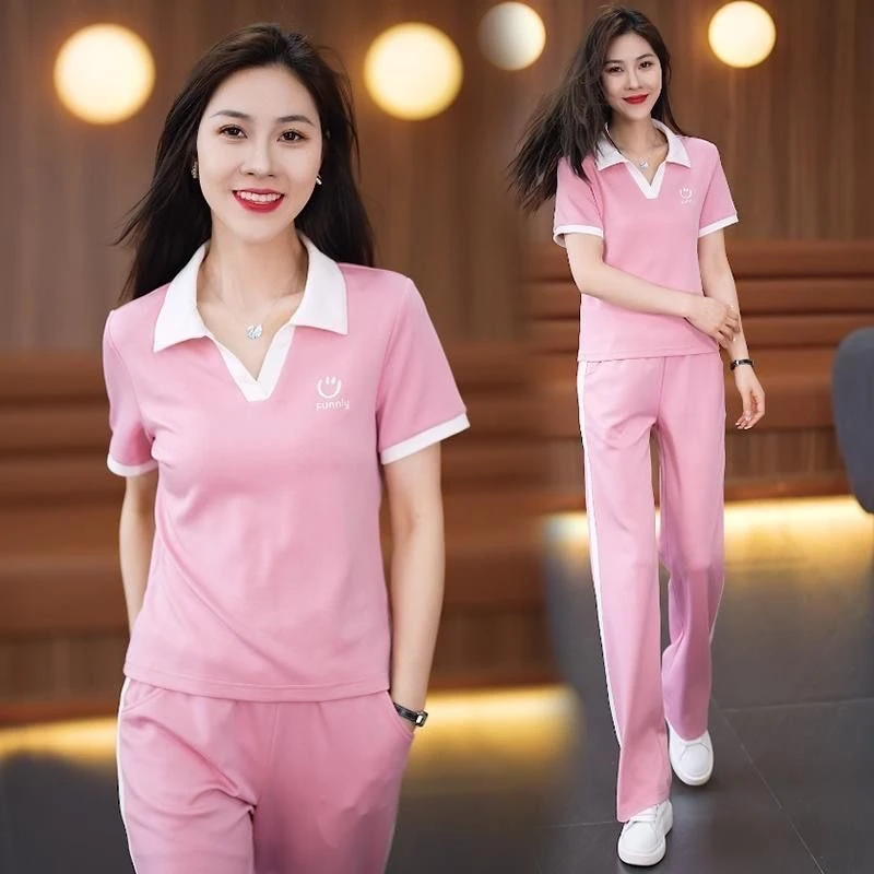 笑脸刺绣图案短袖T恤裤子两件套夏季冰丝清爽薄款洋气运动套装