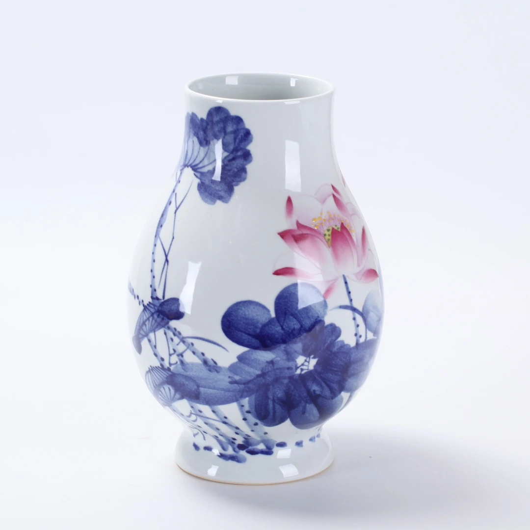 景德镇青花釉上红荷韵福筒樽瓶（高34肚20口14）