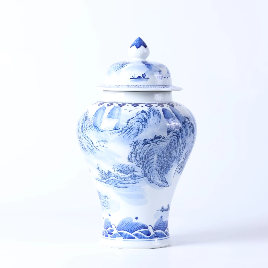 景德镇点青花山水将军罐